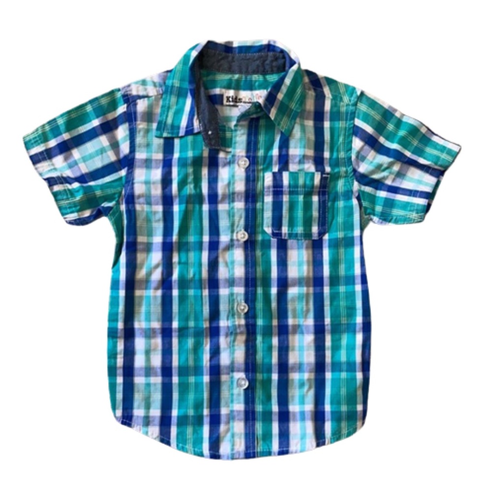 Kids Headquarters 2T plaid button down shirt short sleeve collar turquoise